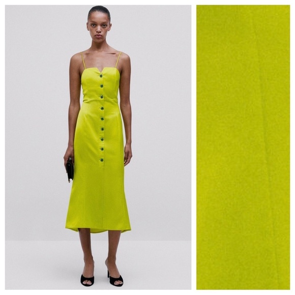 NWT. Massimo Dutti Studio Chartreuse Midi Dress with Rhinestone Buttons Size S.